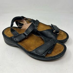 NAOT womens sandals shoes size 5 US 36 EU black leather low wedge strappy